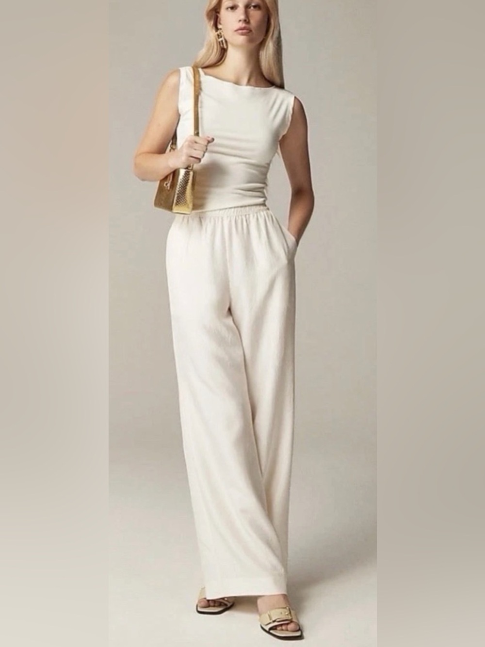 J. Crew Relaxed Stratus Pants In Textured Satin High Rise Wide Leg Ivory XLP NEW